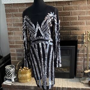 Marciano Black and silver sequin cocktail dress.